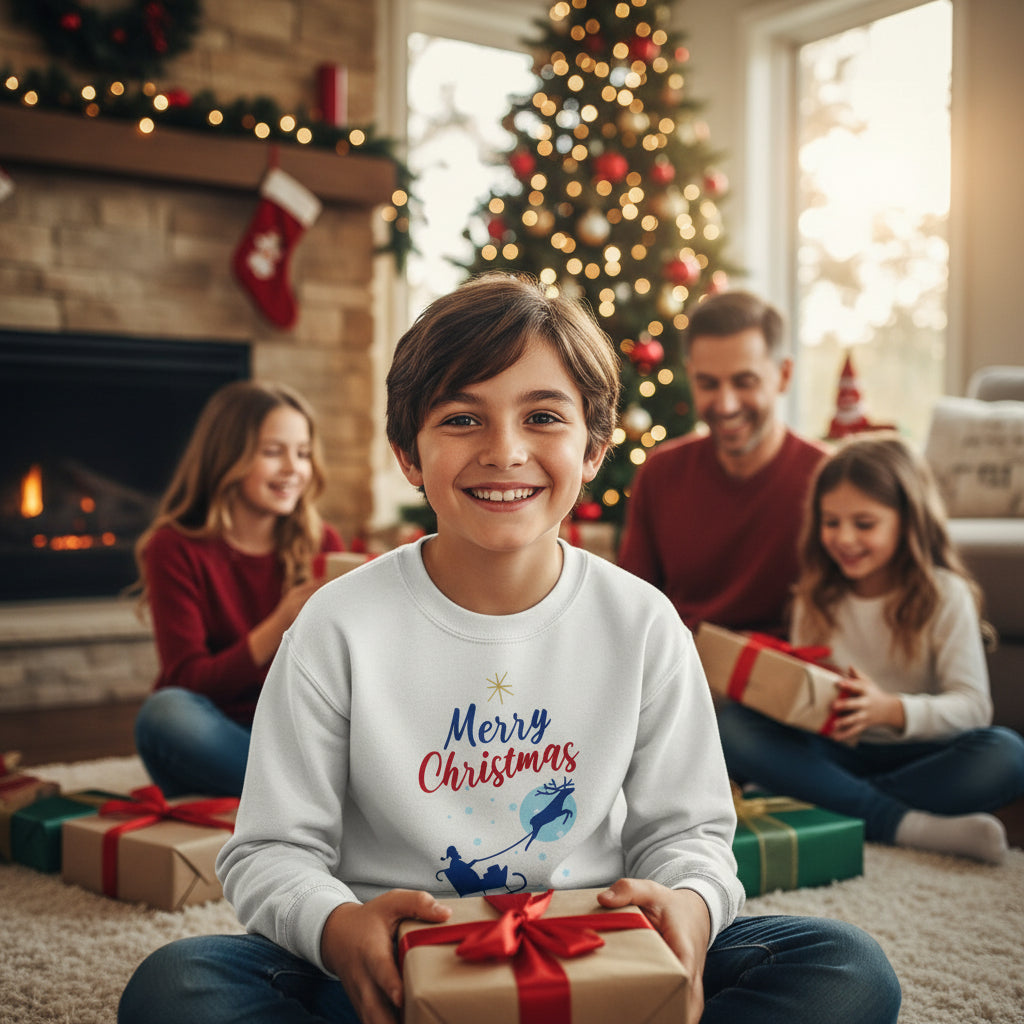 Kids Christmas sweatshirt white festive design front lifestyle photo Christmas morning opening presents - Christmas design chest blonde boy age 11 gifts Christmas tree family excitement - youth holiday outfit Christmas morning family traditions ages 8-16 Guapo Originals €34.99 Spain

