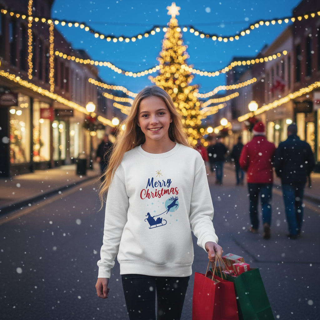 Kids Christmas sweatshirt white festive design front lifestyle photo Christmas shopping downtown festive street - Christmas design chest blonde girl age 14 shopping bags Christmas lights decorated stores - youth holiday outfit Christmas shopping fashion ages 8-16 Guapo Originals €34.99 Spain
