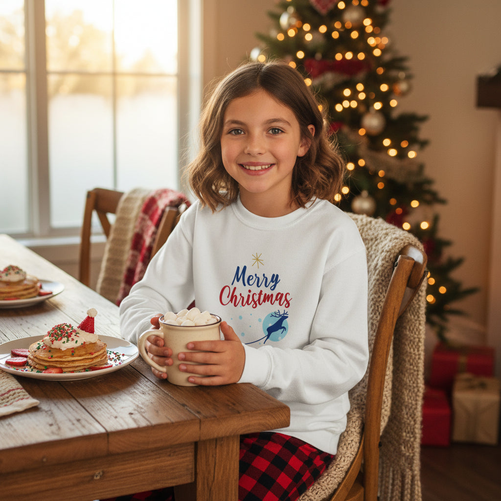 Kids Christmas sweatshirt white festive design front lifestyle photo Christmas morning breakfast cozy - Christmas design chest brown hair girl age 10 hot chocolate pancakes pajamas family - youth holiday outfit family traditions Christmas breakfast ages 8-16 Guapo Originals €34.99 Spain

