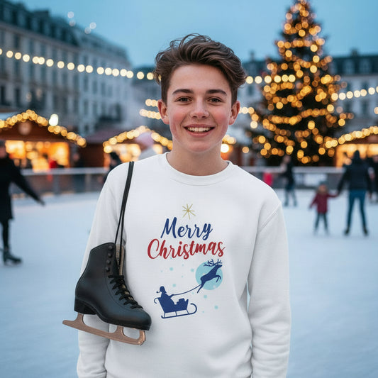 Kids Christmas sweatshirt white festive design front lifestyle photo ice skating Christmas market - Christmas design chest brown hair boy age 12 ice skates market lights chalets - youth holiday outfit winter activities Christmas market ages 8-16 Guapo Originals €34.99 Spain

