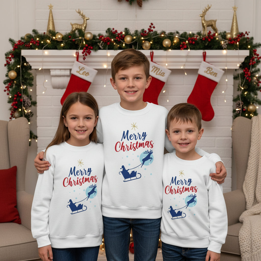 Kids Christmas sweatshirt white festive design front lifestyle photo matching sibling Christmas portrait - Christmas design chest three siblings matching outfits fireplace garland - youth holiday outfit matching family photos Christmas siblings ages 8-16 Guapo Originals €34.99 Spain
