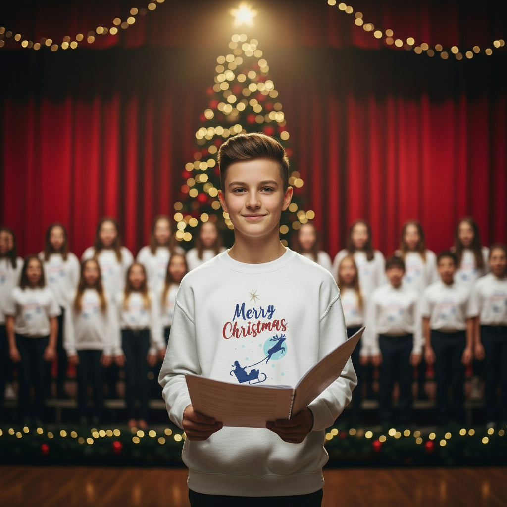 Kids Christmas sweatshirt white festive design front lifestyle photo school Christmas concert stage - Christmas design chest brown hair boy age 10 singing choir performance stage lights - youth holiday outfit school concert Christmas performance ages 8-16 Guapo Originals €34.99 Spain
