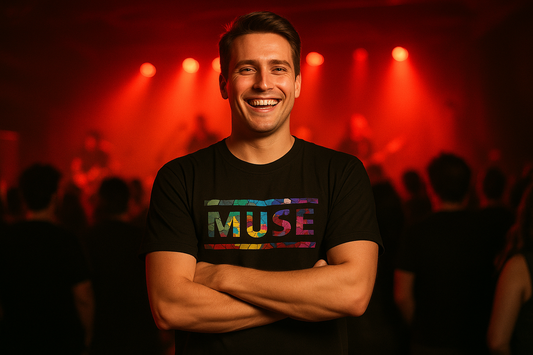 Muse The Resistance T-Shirt Concert Lifestyle - Happy Brown Hair Man with Arms Crossed at Rock Concert