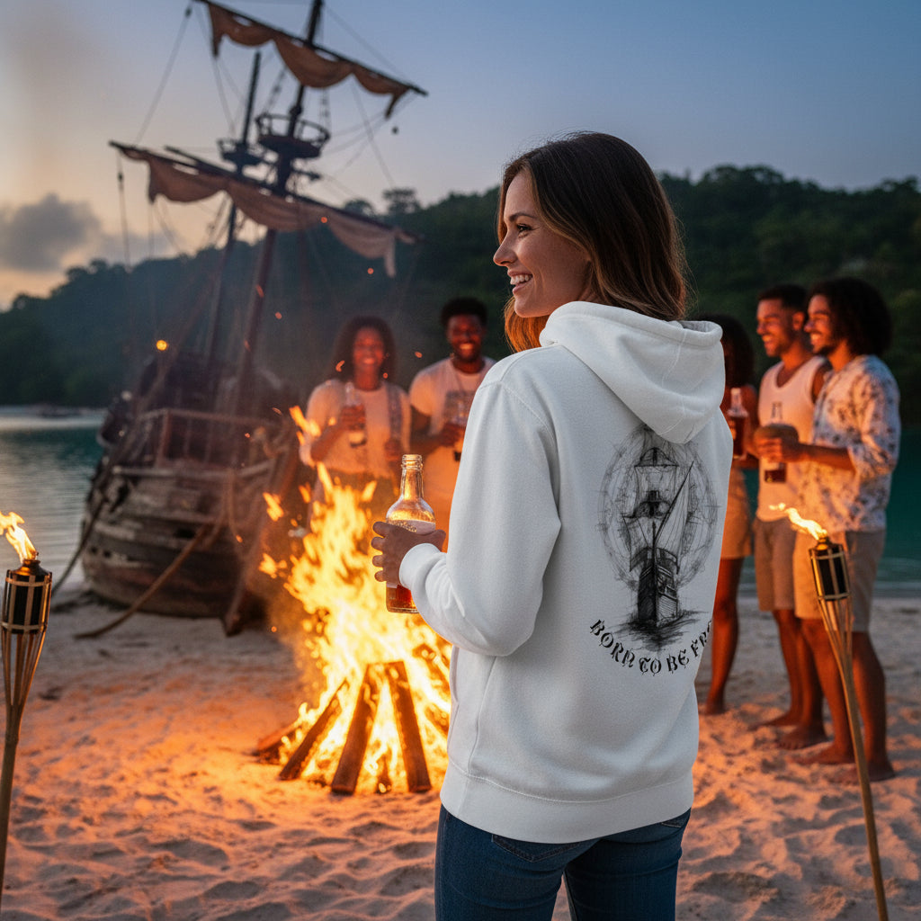 Pirate Soul Born to be Free premium white hoodie back pirate ship design lifestyle photo Frenchman's Cove Jamaica pirate bonfire - majestic sailing ship artwork back brown hair woman early 30s beach bonfire shipwreck fire lanterns twilight - Jamaica island life pirate culture Caribbean beach bonfire free spirit adventure unisex hoodie Guapo Originals €36.99 Spain
