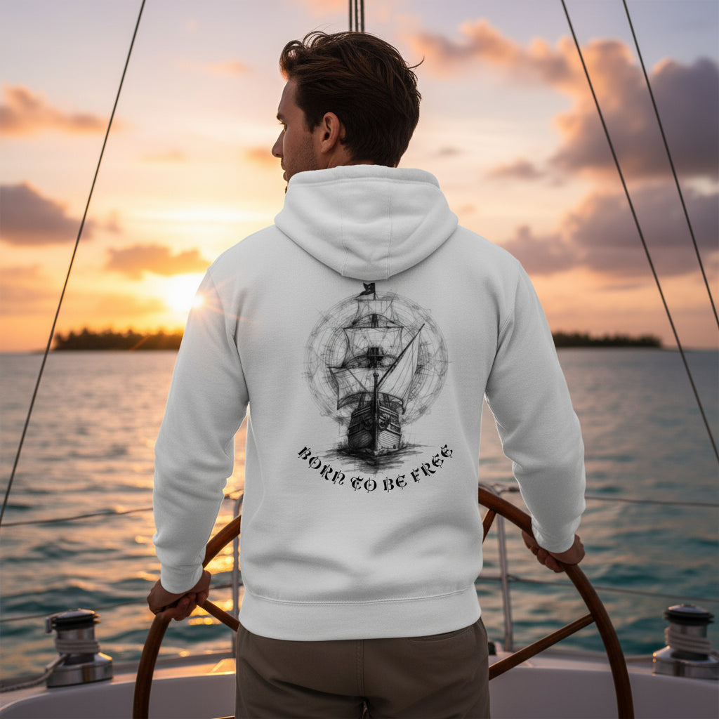 Pirate Soul Born to be Free premium white hoodie back pirate ship design lifestyle photo Frigate Bay St. Kitts sunset sailing - majestic sailing ship artwork back with brown hair man early 30s sailboat helm steering wheel turquoise water sunset sky volcanic mountains - St. Kitts sailing lifestyle ocean adventure Caribbean freedom free spirit unisex hoodie Guapo Originals €36.99 Spain

