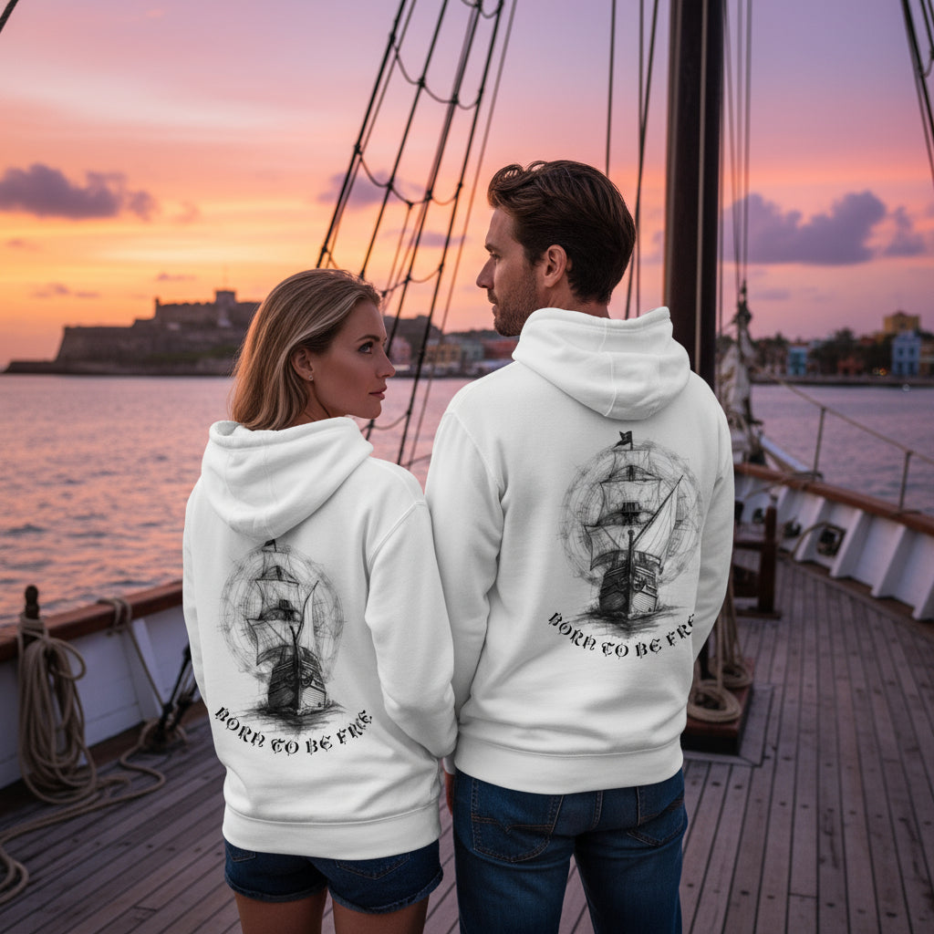 Pirate Soul Born to be Free premium white hoodie back pirate ship design lifestyle photo Old San Juan Puerto Rico sunset cruise - majestic sailing ship artwork back brown hair man mid-30s with blonde wife on pirate sailboat deck El Morro fortress sunset sky - Puerto Rico sailing culture Caribbean freedom pirate adventure La Isla del Encanto unisex hoodie Guapo Originals €36.99 Spain
