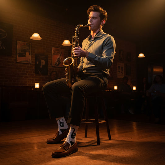 Premium Designer Socks Guapo Originals lifestyle photo NYC jazz concert bar musician performance - sublimation print exclusive design unisex socks professional musician style New York jazz culture premium comfort Guapo Originals Designer Collection €14.95 Spain
