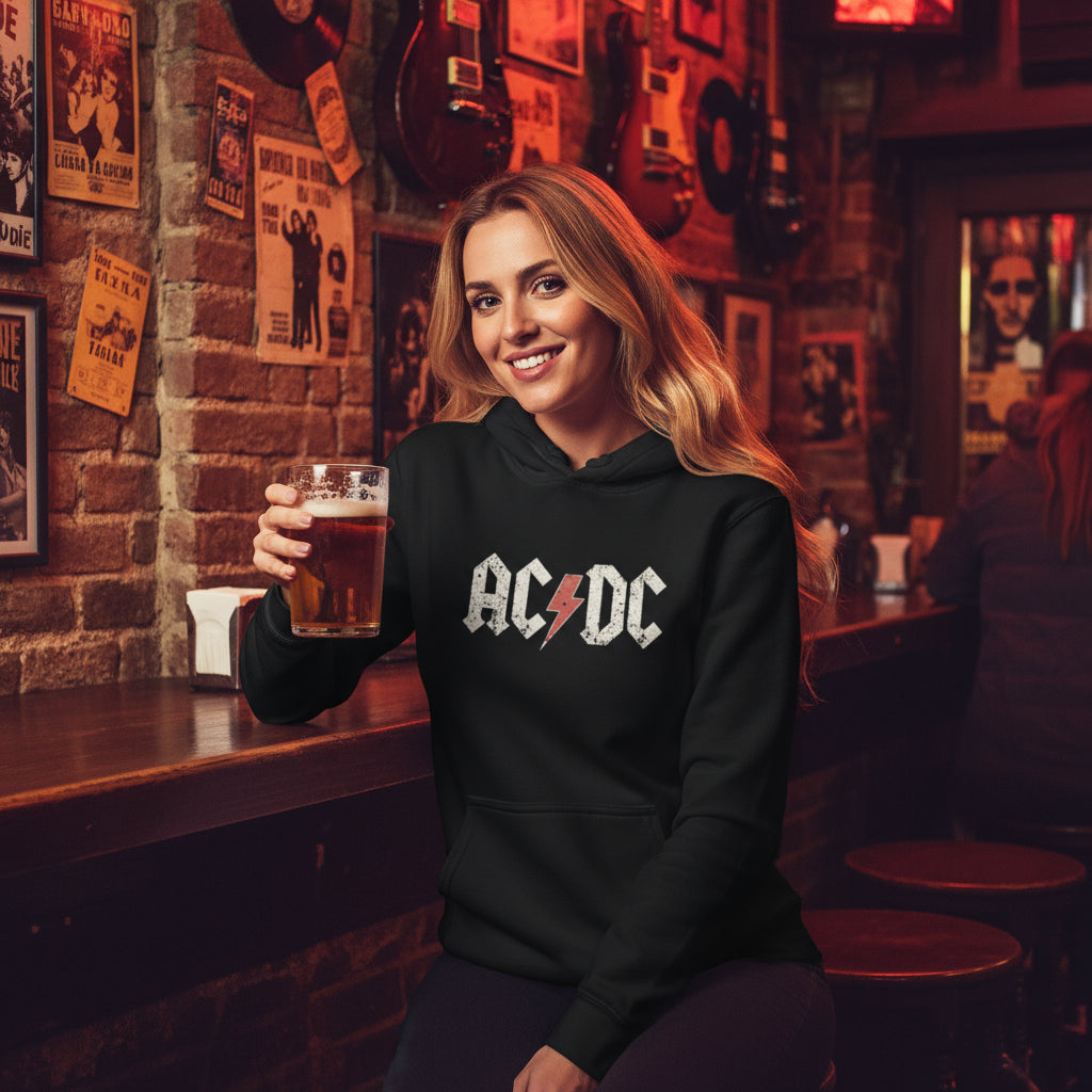 AC/DC Hoodie Black lifestyle photo Rome Trastevere rock bar - vintage print designer hoodie unisex rock culture Guapo Originals €39.99 Spain

