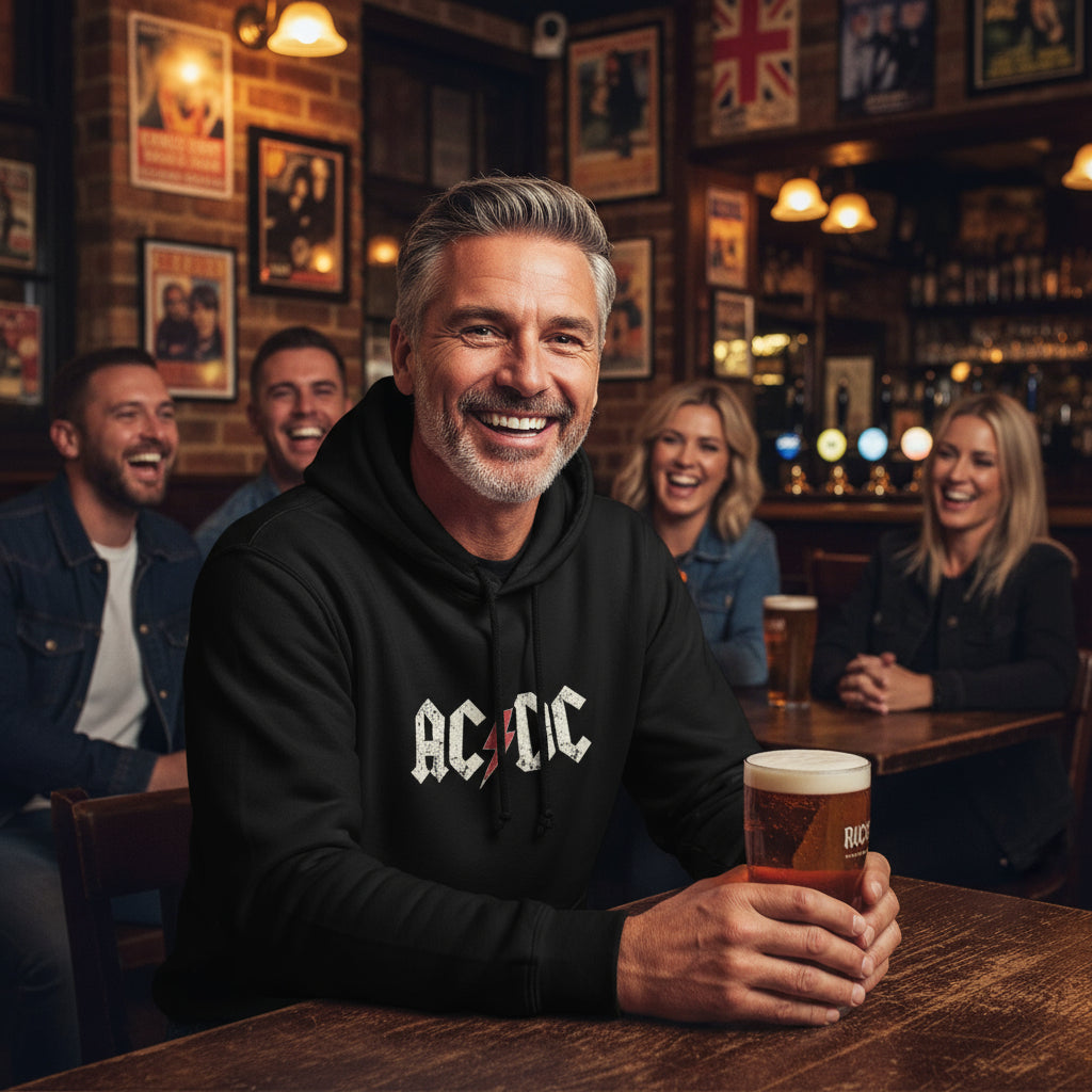 AC/DC Hoodie Black lifestyle photo London pub friends social - handsome man laughing - vintage print designer hoodie rock culture Guapo Originals €39.99 Spain

