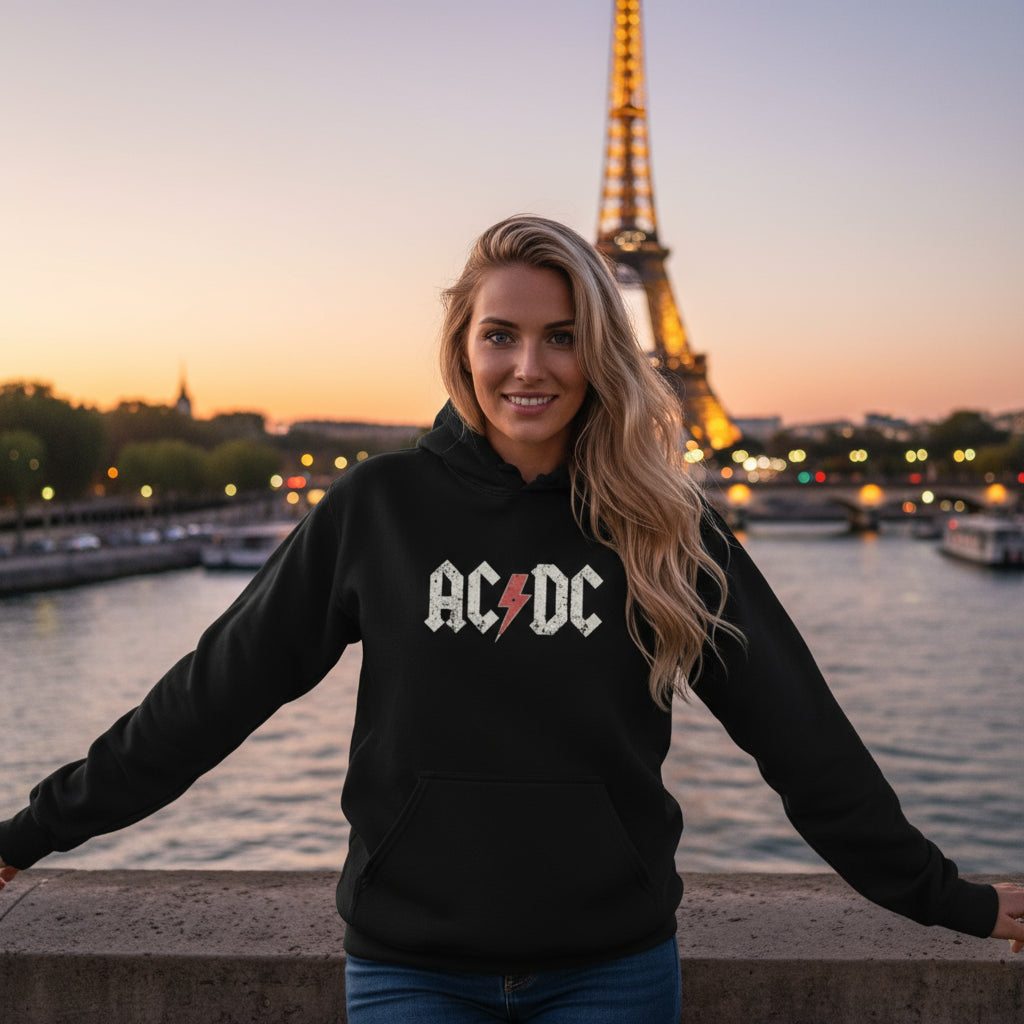 AC/DC Hoodie Black lifestyle photo Paris Seine Eiffel Tower evening - vintage print designer hoodie unisex rock fashion Guapo Originals €39.99 Spain

