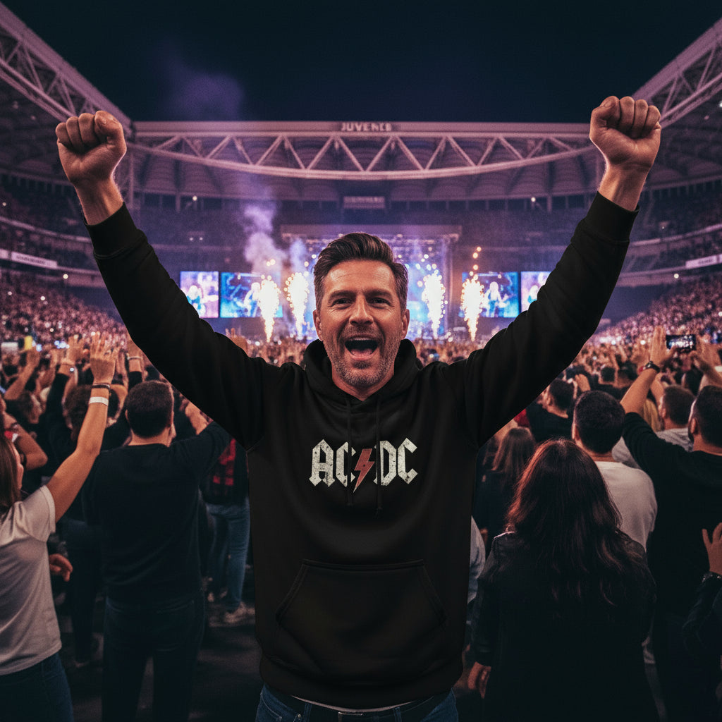 AC/DC Hoodie Black lifestyle photo Rome stadium rock concert - handsome man concert energy - vintage print designer hoodie rock culture Guapo Originals €39.99 Spain

