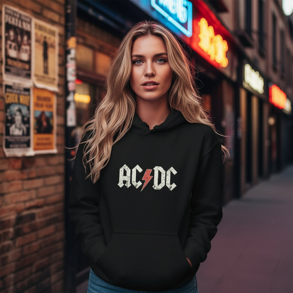 AC/DC Hoodie Black lifestyle photo Madrid Malasaña rock bars - blonde woman rock style - vintage print designer hoodie unisex fashion Guapo Originals €39.99 Spain

