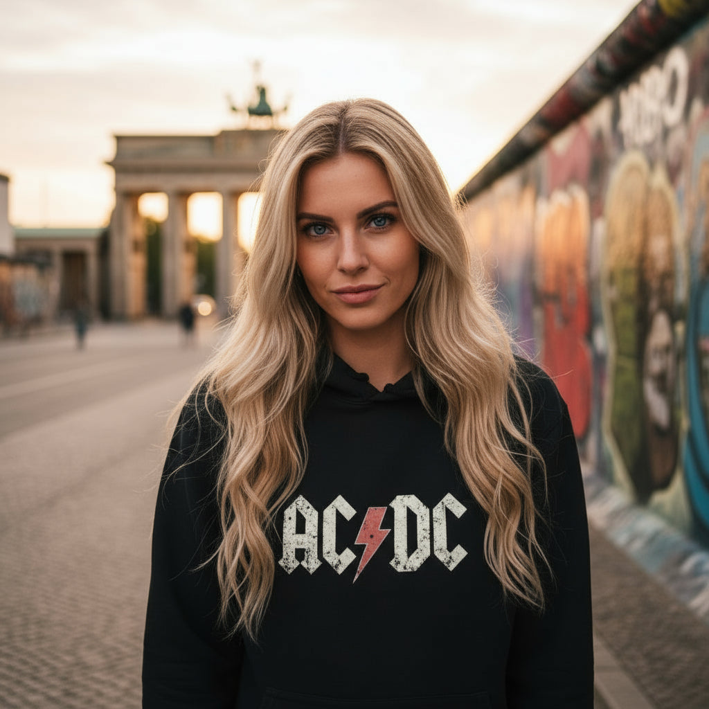 AC/DC Hoodie Black lifestyle photo Berlin East Side Gallery street art - vintage print designer hoodie unisex rock culture Guapo Originals €39.99 Spain


