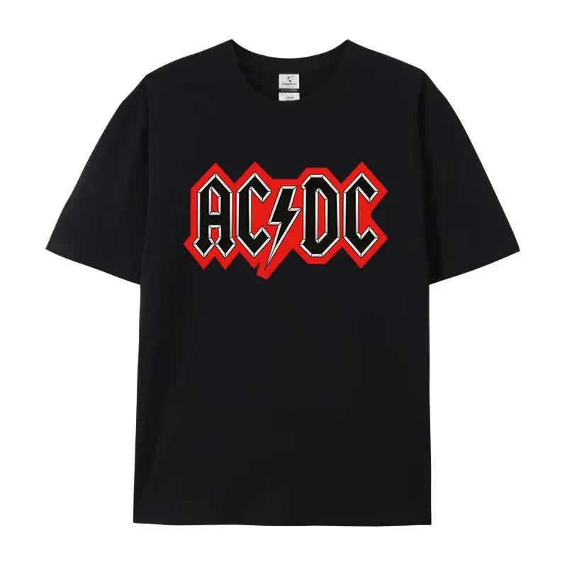 AC/DC rock band t-shirt black cotton with red logo vintage band merchandise"