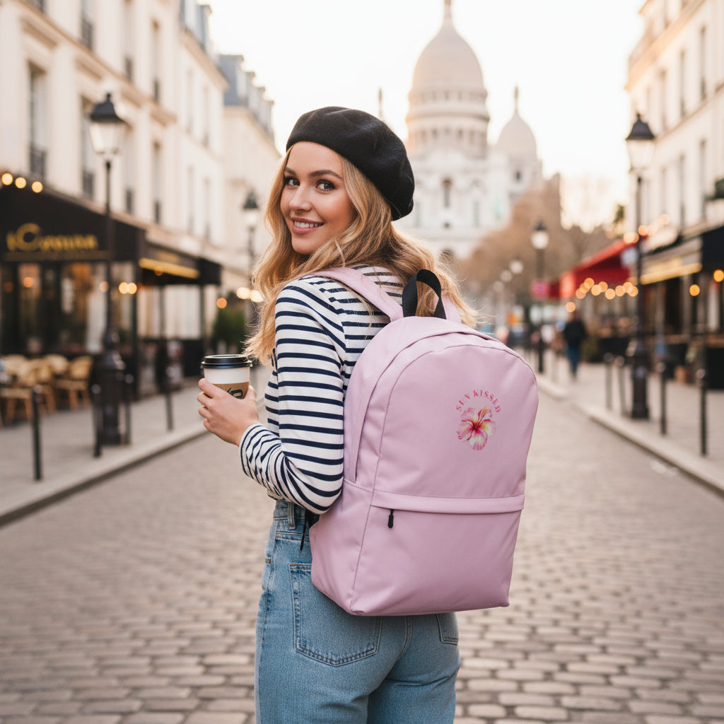 Sun Kissed Backpack Paris Montmartre Sacré-Cœur lifestyle photo - blonde woman cobblestone streets Parisian basilica - botanical print water-resistant 15L laptop backpack romantic travel artistic bohemian chic French elegance Guapo Originals €44.99 Spain
