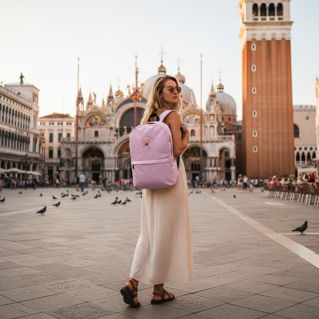 Sun Kissed Backpack Venice Piazza San Marco lifestyle photo - blonde woman St Mark's Basilica Campanile bell tower - botanical print water-resistant 15L laptop backpack romantic Venice Italian adventure cultural exploration timeless elegance Guapo Originals €44.99 Spain
