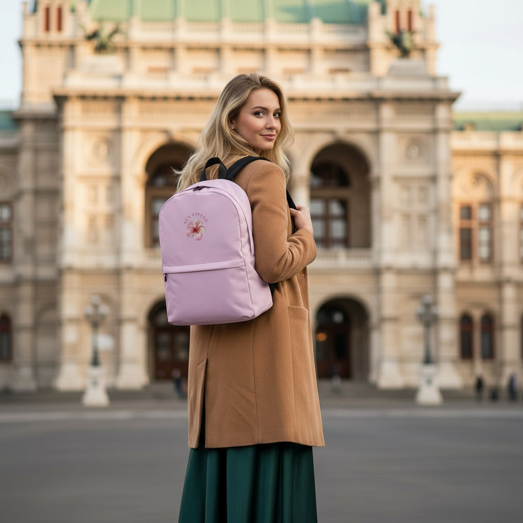 Sun Kissed Backpack Vienna State Opera Austria lifestyle photo - blonde woman Wiener Staatsoper Renaissance architecture - botanical print water-resistant 15L laptop backpack cultural travel classical elegance Austrian sophistication designer accessory Guapo Originals €44.99 Spain
