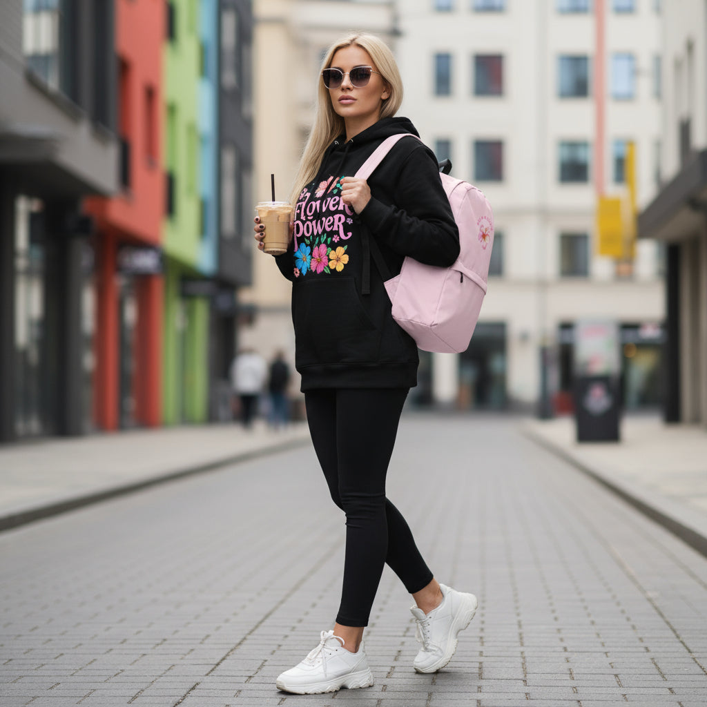 Sun Kissed Backpack with Guapo Originals black hoodie lifestyle photo urban street style - complete city outfit water-resistant backpack designer hoodie coordinated street fashion Guapo Originals. Backpack only price: €45.00 Spain
