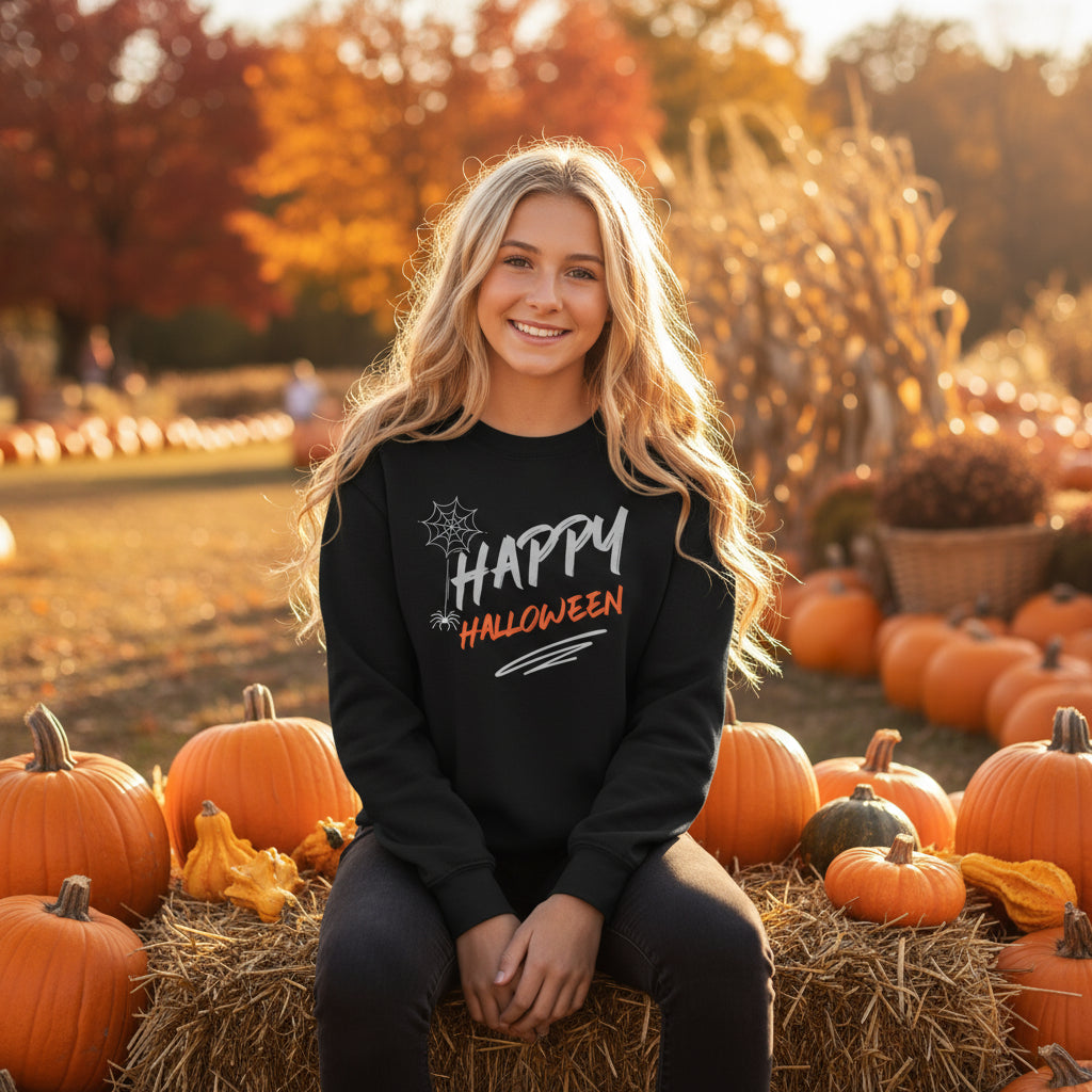 Youth Premium Crewneck Sweatshirt Halloween design lifestyle photo pumpkin patch autumn - blonde teenage girl seasonal activities hay bales orange pumpkins - exclusive designer print cotton blend youth fashion ages 8-16 Halloween season autumn wear Guapo Originals Designer Collection €34.99 Spain
