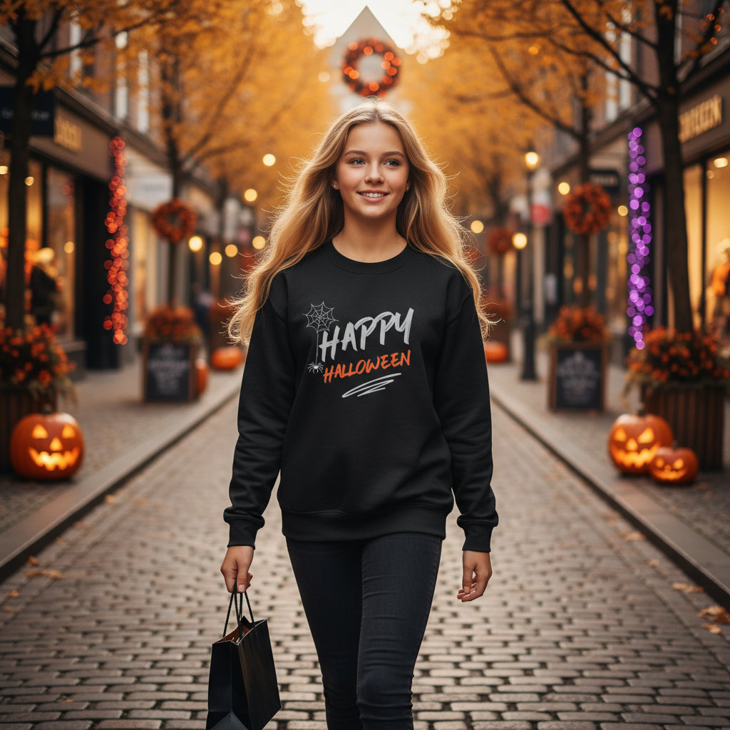 Youth Premium Crewneck Sweatshirt Halloween design lifestyle photo shopping street autumn - blonde teenage girl European urban style Halloween decorations boutiques - exclusive designer print cotton blend youth fashion Halloween season school appropriate Guapo Originals Designer Collection €34.99 Spain
