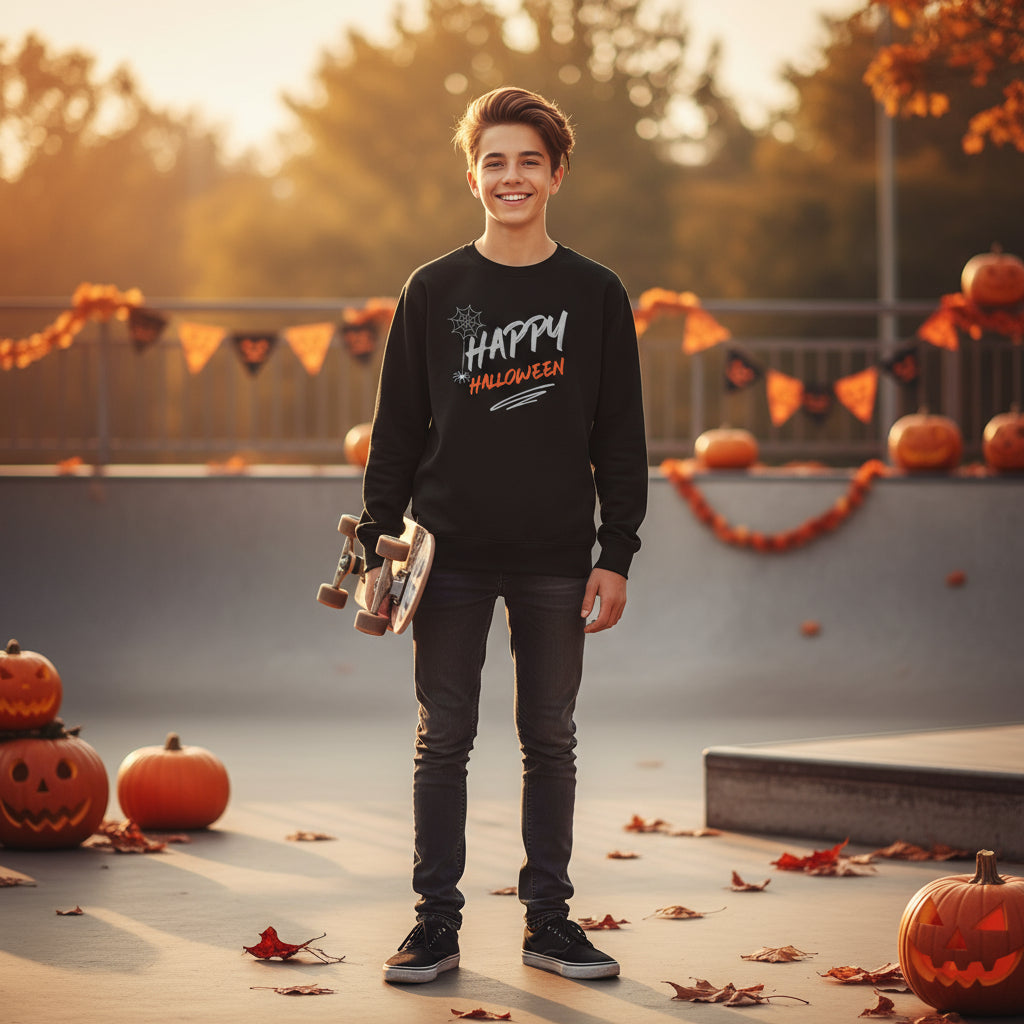 Youth Premium Crewneck Sweatshirt Halloween design lifestyle photo skate park autumn scene - teenage boy skateboarding Halloween decorations pumpkins - exclusive designer print cotton blend youth fashion ages 8-16 school appropriate Halloween season wear Guapo Originals Designer Collection €34.99 Spain
