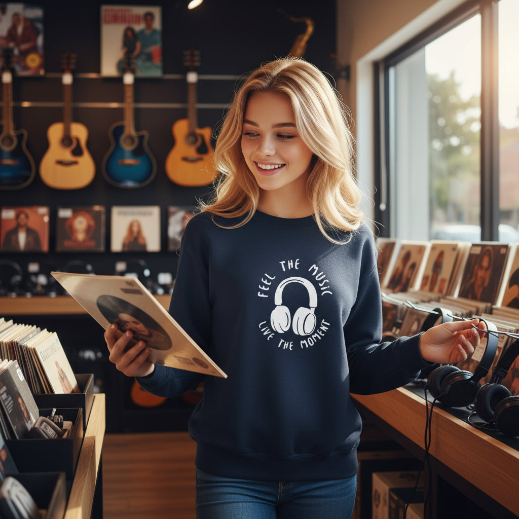 Youth Music Headphones Crewneck Sweatshirt lifestyle photo music store browsing blonde teenager - premium cotton-polyester designer sweatshirt youth fashion music culture saxophone guitar vinyl headphones Guapo Originals Youth Music Collection 34.99 EUR Spain
