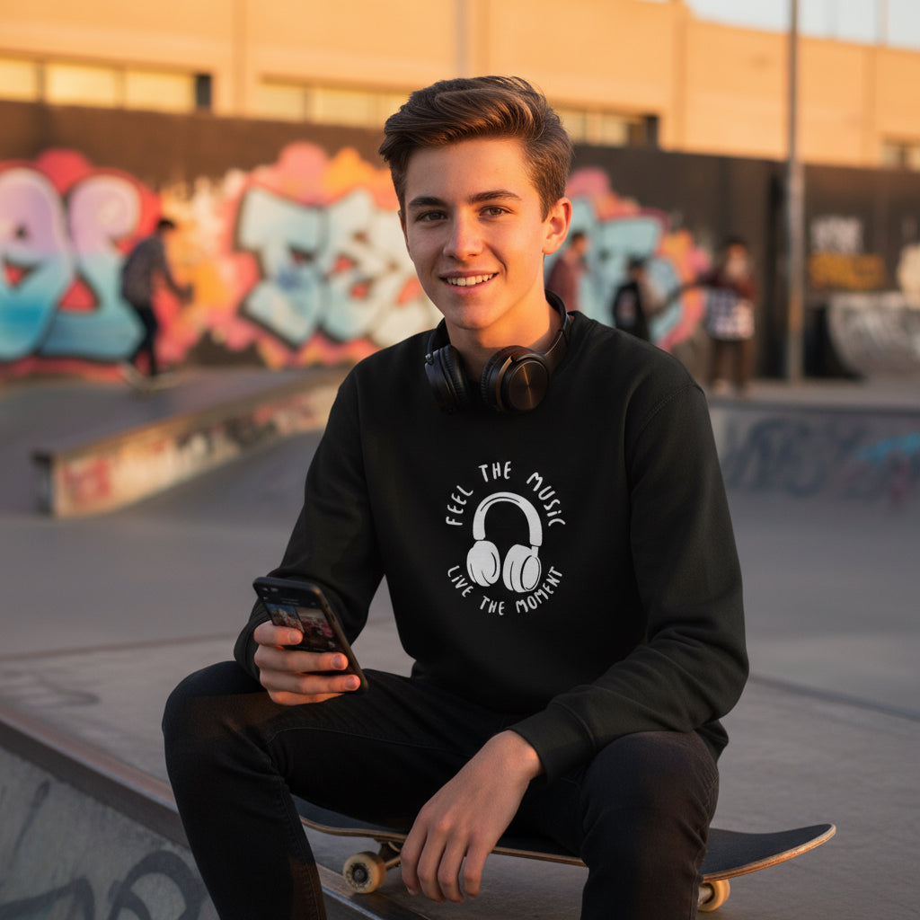 Youth Music Headphones Crewneck Black Sweatshirt lifestyle photo urban skateboard music culture teenager - premium cotton-polyester designer sweatshirt youth fashion streetwear skateboard headphones graffiti Guapo Originals Youth Music Collection 34.99 EUR Spain
