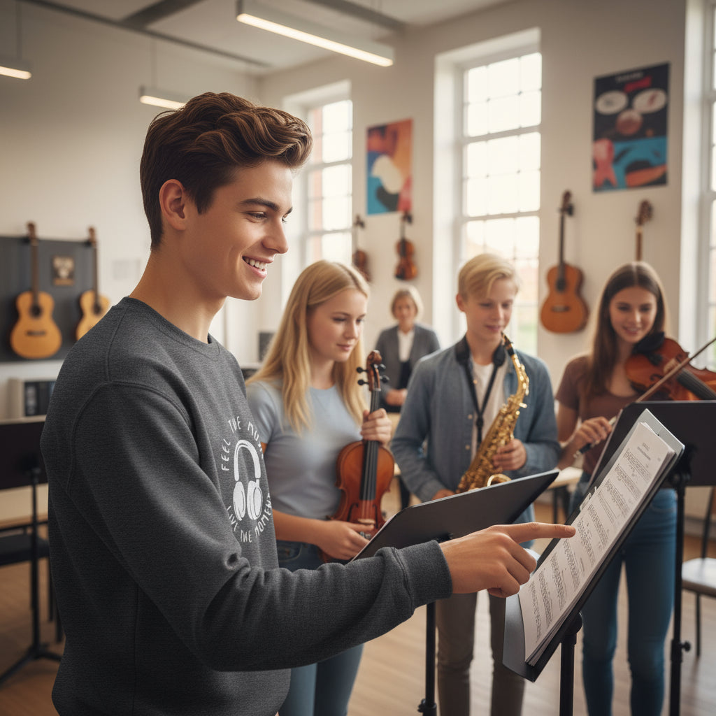 Youth Music Headphones Crewneck Sweatshirt Grey Lifestyle photo music class collaboration teenagers - premium cotton-polyester designer sweatshirt youth fashion music education teamwork saxophone violin sheet music Guapo Originals Youth Music Collection 34.99 EUR Spain
