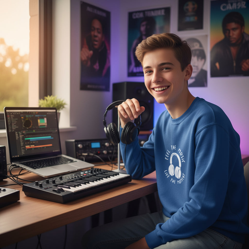 Youth Music Headphones Crewneck Sweatshirt light blue lifestyle photo bedroom music studio teenager producer brown hair - premium cotton-polyester designer sweatshirt youth fashion music creation headphones keyboard laptop Guapo Originals Youth Music Collection 34.99 EUR Spain
