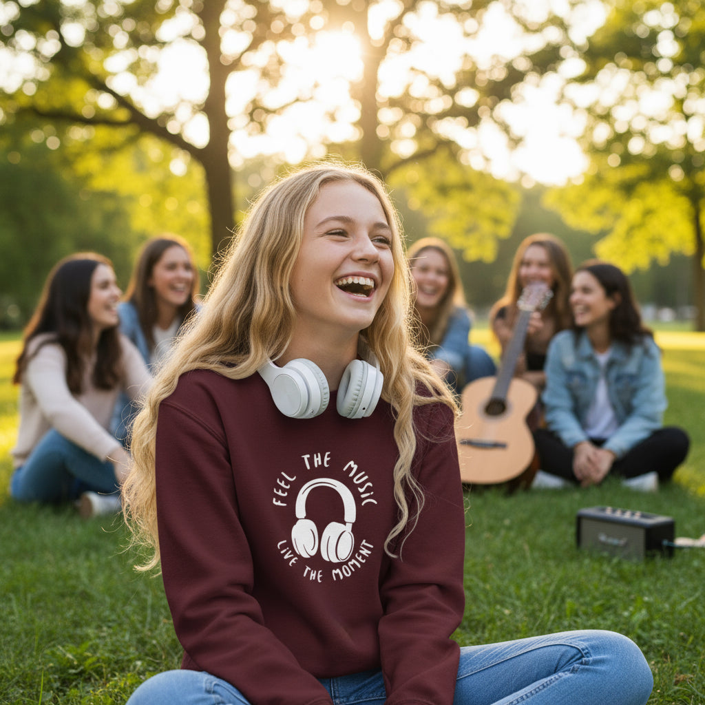 Youth Music Headphones Crewneck Sweatshirt maroon lifestyle photo outdoor park music jam session blonde teenager - premium cotton-polyester designer sweatshirt youth fashion summer music lifestyle guitar headphones Guapo Originals Youth Music Collection 34.99 EUR Spain


