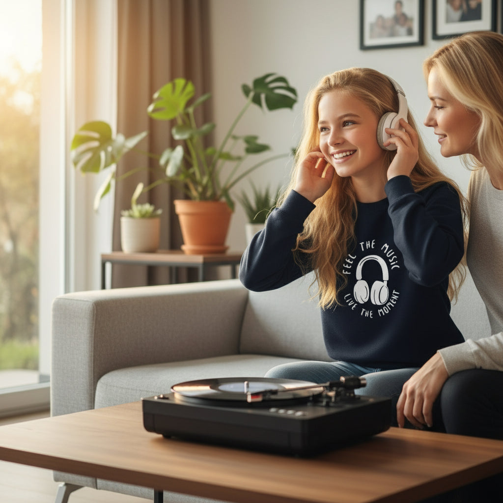 Youth Music Headphones Crewneck Sweatshirt navy lifestyle photo family music moment blonde teenager parent - premium cotton-polyester designer sweatshirt youth fashion family bonding home comfort headphones Guapo Originals Youth Music Collection 34.99 EUR Spain
