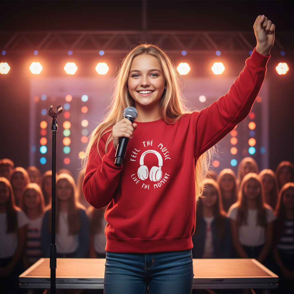 Youth Music Headphones Crewneck Sweatshirt red lifestyle photo school music festival performance blonde teenager - premium cotton-polyester designer sweatshirt youth fashion stage performance microphone confidence Guapo Originals Youth Music Collection 34.99 EUR Spain
