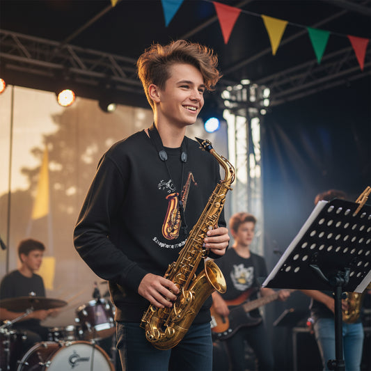 Youth Saxophone Music Crewneck Sweatshirt Black lifestyle photo bourbon street jazz scene blonde teenager - premium cotton polyester designer sweatshirt urban jazz culture street music neon signs saxophone Guapo Originals Youth Music Collection 34.99 EUR Spain
