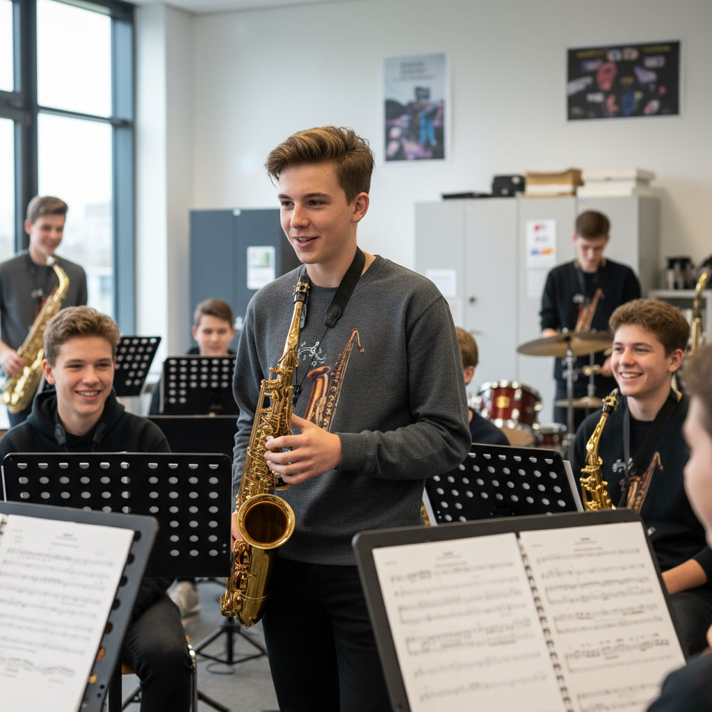 Youth Saxophone Music Crewneck Sweatshirt grey lifestyle photo school big band rehearsal teenager brown hair - premium cotton-polyester designer sweatshirt ensemble music saxophone trumpet trombone teamwork Guapo Originals Youth Music Collection 34.99 EUR Spain
