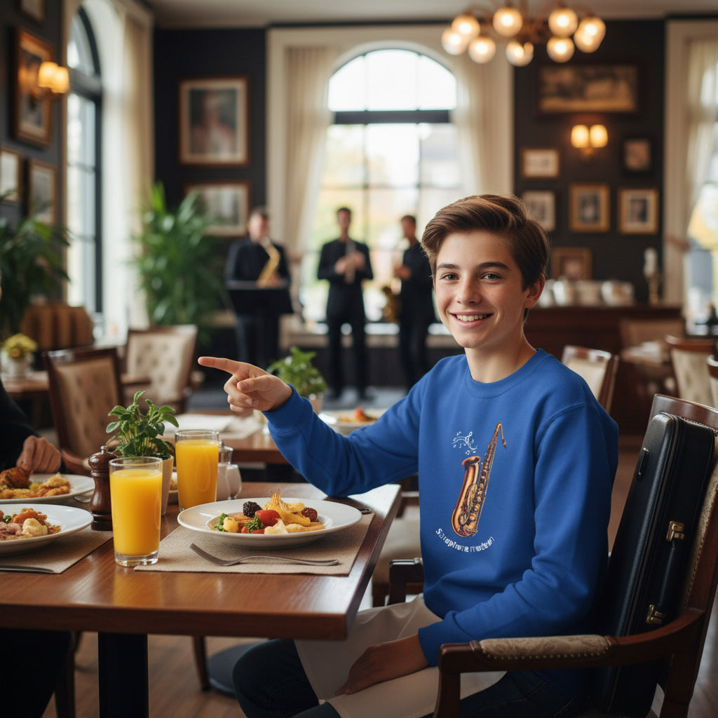 Youth Saxophone Music Crewneck Sweatshirt light blue lifestyle photo family jazz brunch restaurant teenager brown hair parent - premium cotton-polyester designer sweatshirt family bonding live jazz music dining Guapo Originals Youth Music Collection 34.99 EUR Spain
