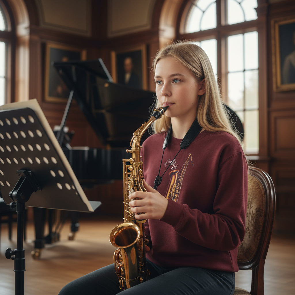 Youth Saxophone Music Crewneck Sweatshirt Maroon  lifestyle photo conservatory practice hall blonde teenager - premium cotton-polyester designer sweatshirt classical music training saxophone sheet music Guapo Originals Youth Music Collection 34.99 EUR Spain
