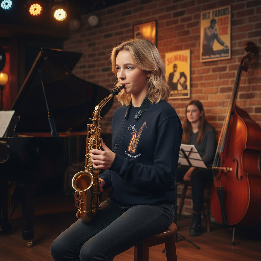 Youth Saxophone Music Crewneck Sweatshirt Navy lifestyle photo intimate jazz club youth night teenager blonde hair - premium cotton-polyester designer sweatshirt jazz performance saxophone stage lighting Guapo Originals Youth Music Collection 34.99 EUR Spain
