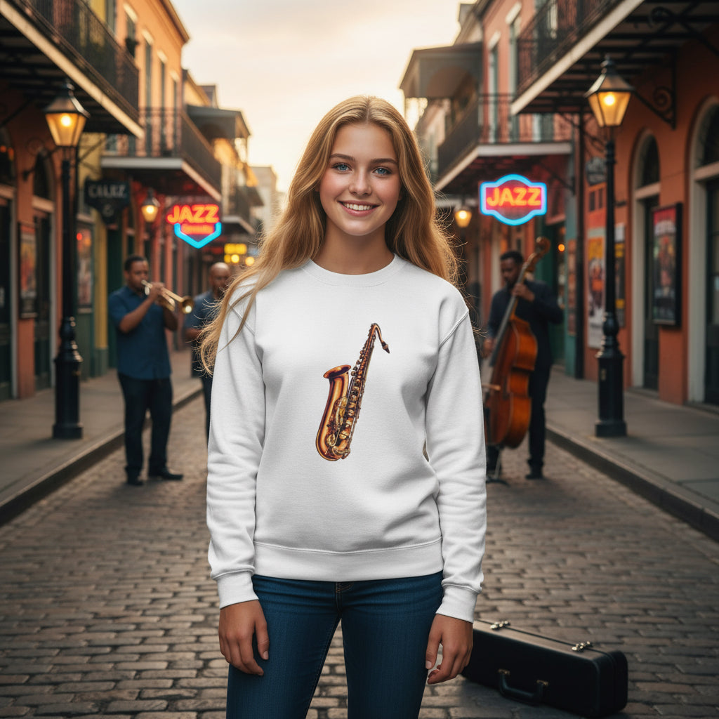 Youth Saxophone Music Crewneck Sweatshirt white lifestyle photo bourbon street jazz scene blonde teenager - premium cotton-polyester designer sweatshirt urban jazz culture street music neon signs saxophone Guapo Originals Youth Music Collection 34.99 EUR Spain
