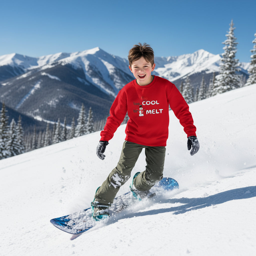 Youth Snowman Sweatshirt red Too Cool to Melt design front lifestyle photo Aspen Snowmass Colorado snowboarding slopes - snowman design chest brown hair boy age 11 snowboard powder snow mountain peaks pine trees - youth winter sports ski vacation snowboarding adventure ages 8-16 Guapo Originals Youth €34.99 Spain
