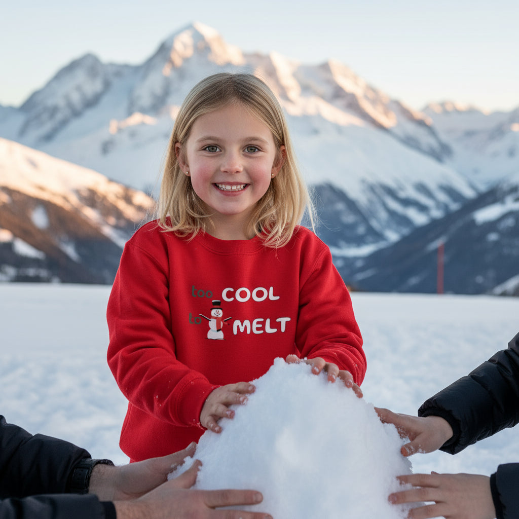 Youth Snowman Sweatshirt red Too Cool to Melt design front lifestyle photo Chamonix France Mont Blanc building snowman family - snowman design chest blonde girl age 9 family activity French Alps mountains - youth family ski vacation winter fun snowman building ages 8-16 Guapo Originals Youth €34.99 Spain
