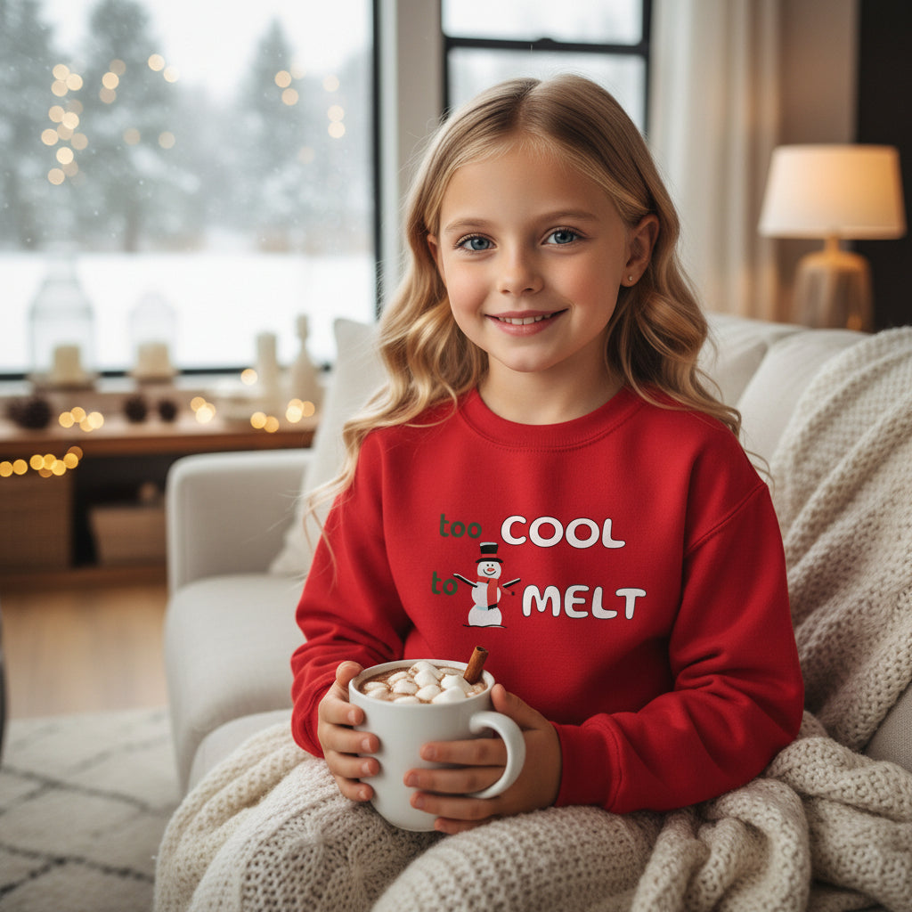 Youth Snowman Sweatshirt red Too Cool to Melt design front lifestyle photo cozy home hot chocolate winter - snowman design chest blonde girl age 11 sofa blanket marshmallows window snow - youth winter comfort home cozy indoor relaxation ages 8-16 Guapo Originals Youth €34.99 Spain
