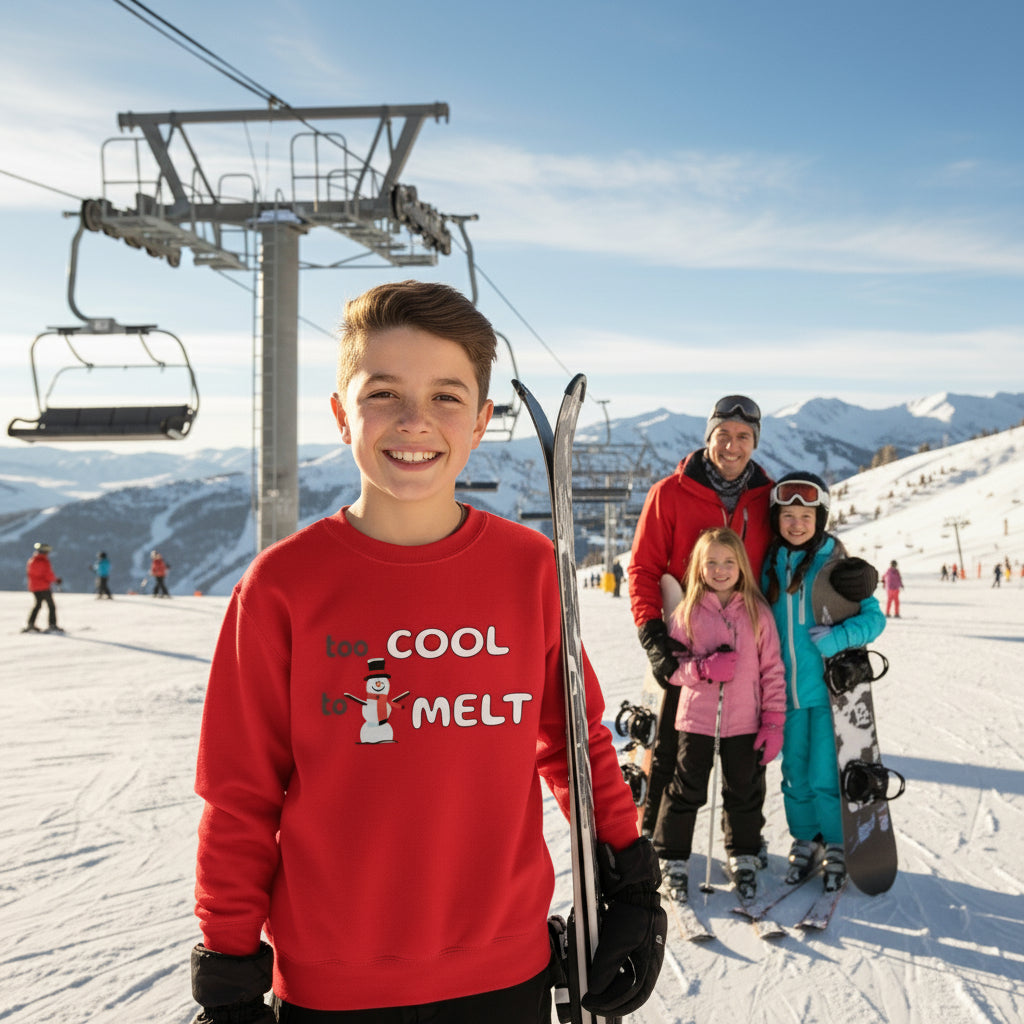 Youth Snowman Sweatshirt red Too Cool to Melt design front lifestyle photo Salt Lake City ski resort family ski lift - snowman design chest brown hair boy age 10 family parents sister chairlift mountains - youth family ski vacation winter sports resort ages 8-16 Guapo Originals Youth €34.99 Spain
