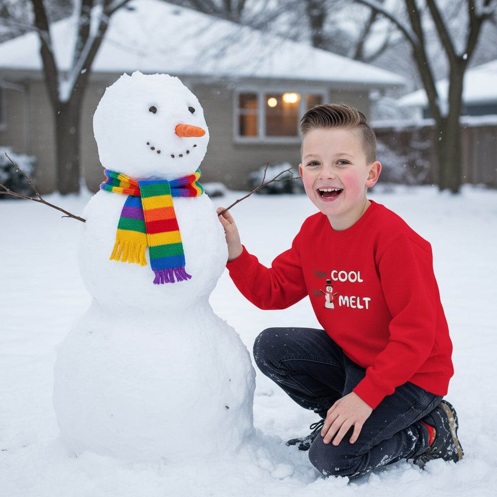 Youth Snowman Sweatshirt red Too Cool to Melt design front lifestyle photo home backyard building snowman winter - snowman design chest brown hair boy age 8 carrot nose snowy yard house - youth winter fun backyard play snowman building home ages 8-16 Guapo Originals Youth €34.99 Spain
