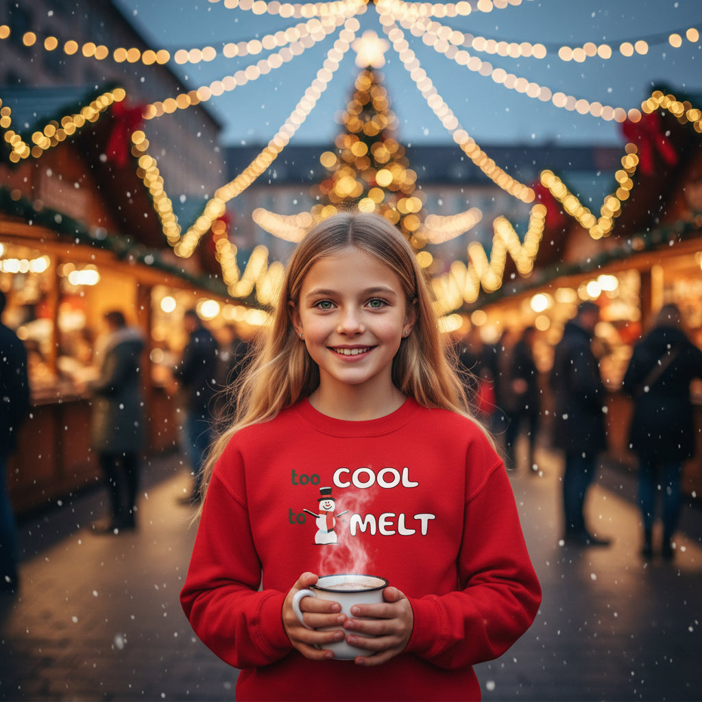 Youth Snowman Sweatshirt red Too Cool to Melt design front lifestyle photo Munich Germany Christmas market Christkindlmarkt - snowman design chest blonde girl age 12 festive lights wooden chalets Christmas tree - youth Christmas market German holiday tradition winter celebration ages 8-16 Guapo Originals Youth €34.99 Spain
