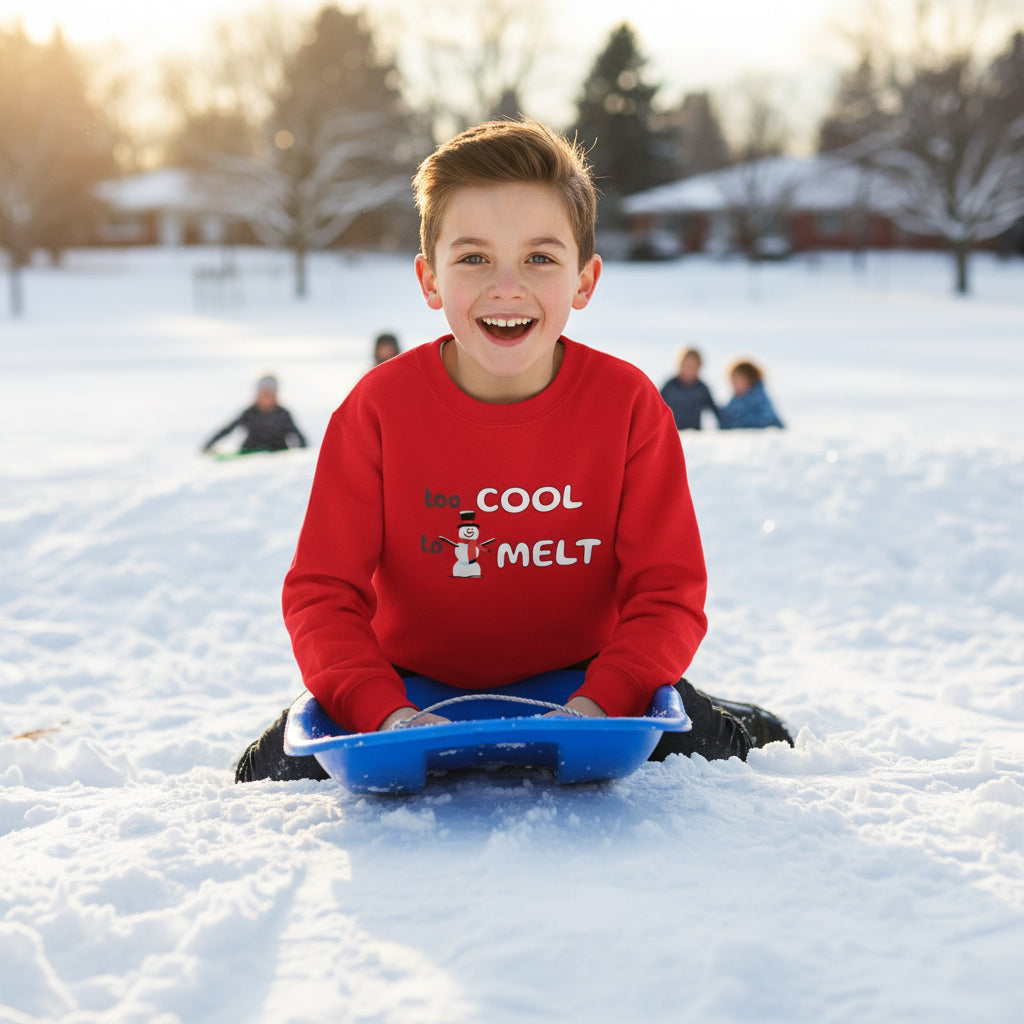 Youth Snowman Sweatshirt red Too Cool to Melt design front lifestyle photo neighborhood park sledding winter - snowman design chest brown hair boy age 10 sled snowy hill kids playing - youth winter fun sledding outdoor play neighborhood ages 8-16 Guapo Originals Youth €34.99 Spain
