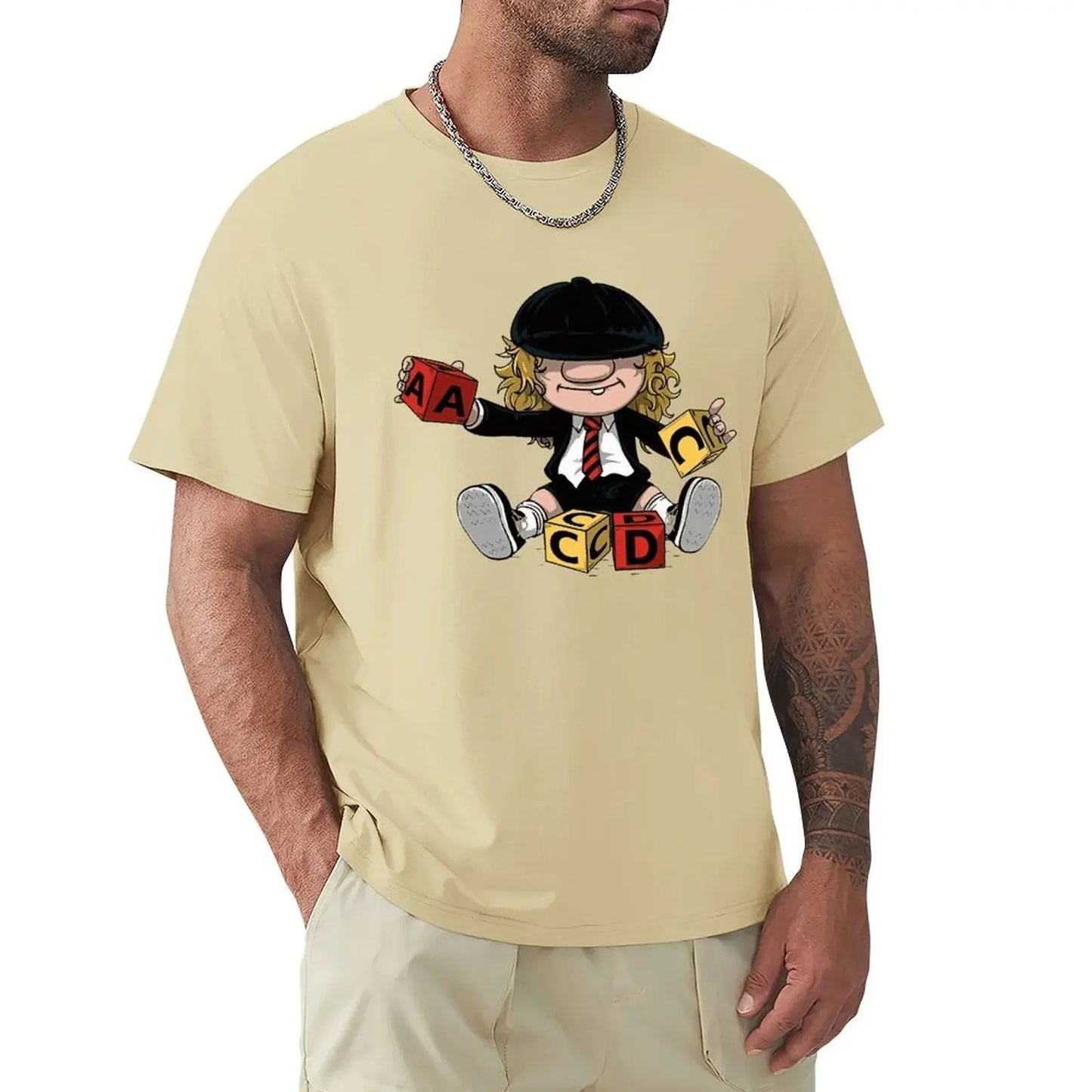 AC/DC Angus Young Vintage Rock T-Shirt beige - Front View 100% Cotton Band Inspired Merchandise