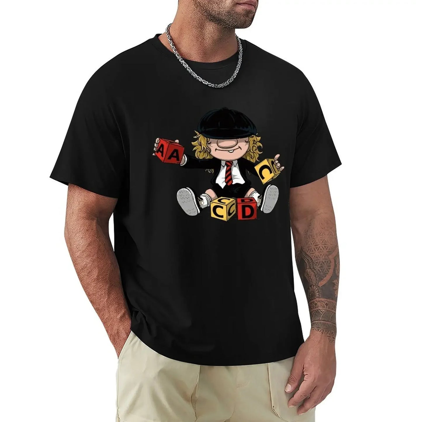 AC/DC Angus Young Vintage Rock T-Shirt Black - Front View 100% Cotton Band Inspired Merchandise
