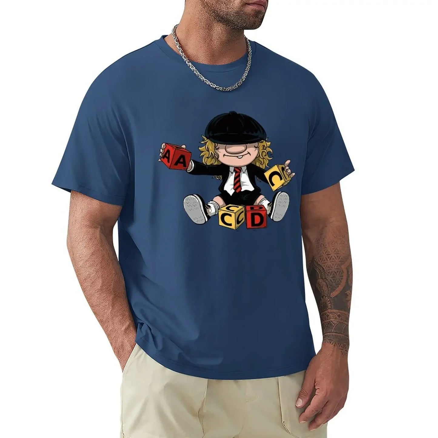 AC/DC Angus Young Vintage Rock T-Shirt Blue - Front View 100% Cotton Band Inspired Merchandise