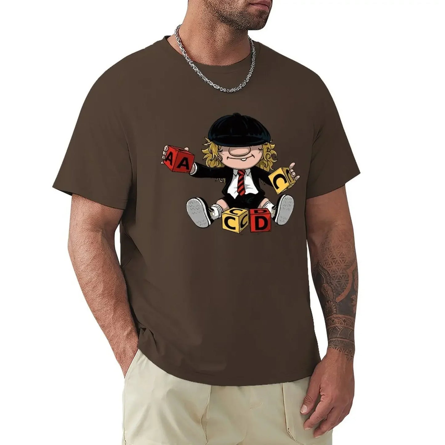 AC/DC Angus Young Vintage Rock T-Shirt Brown - Front View 100% Cotton Band Inspired Merchandise