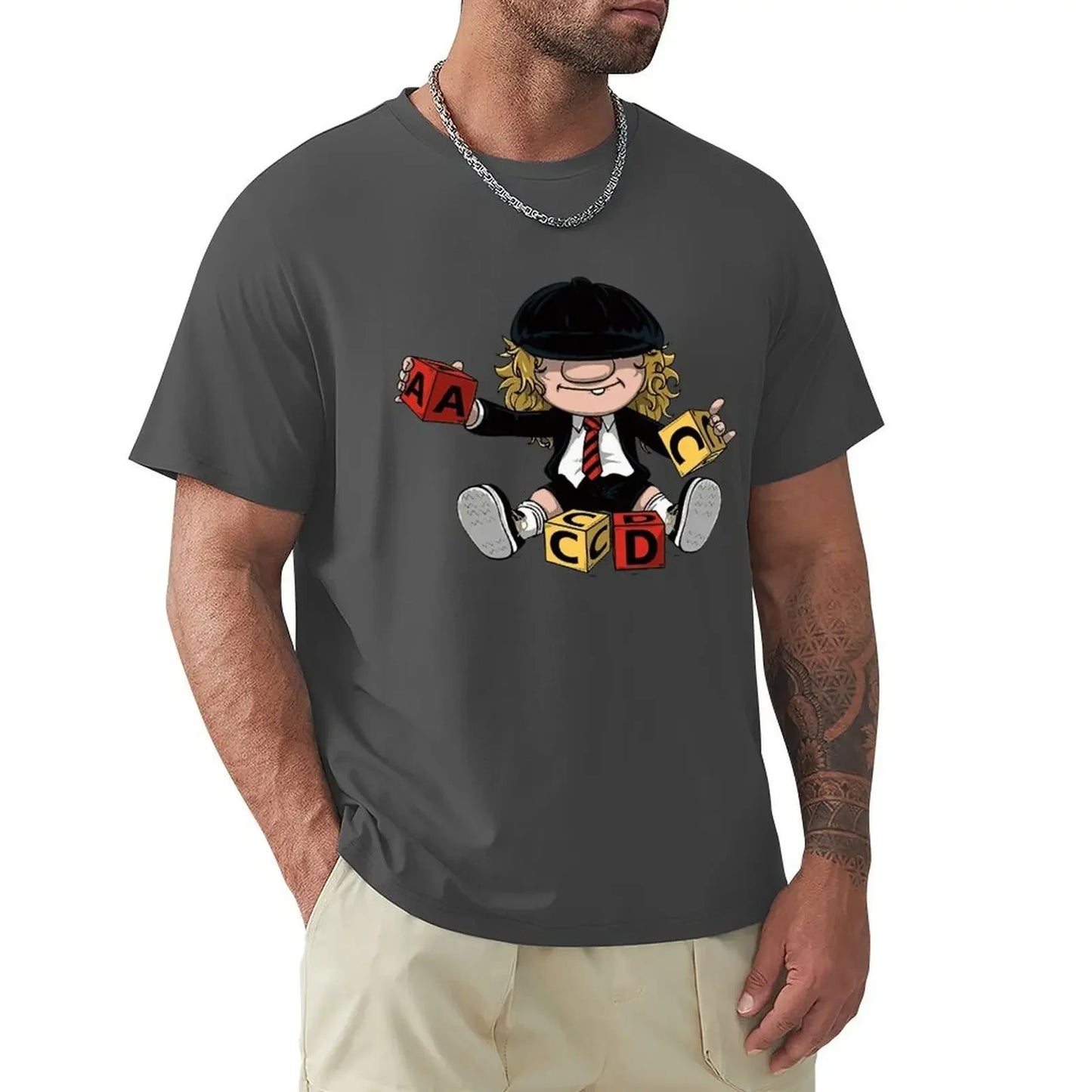 AC/DC Angus Young Vintage Rock T-Shirt dark grey - Front View 100% Cotton Band Inspired Merchandise